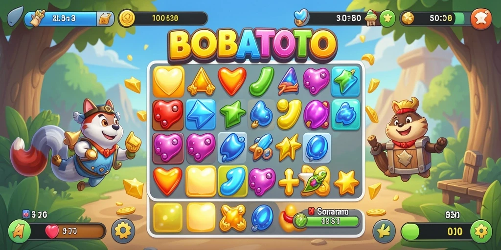 Gameplay Match-3 BOBATOTO yang penuh warna dan seru.