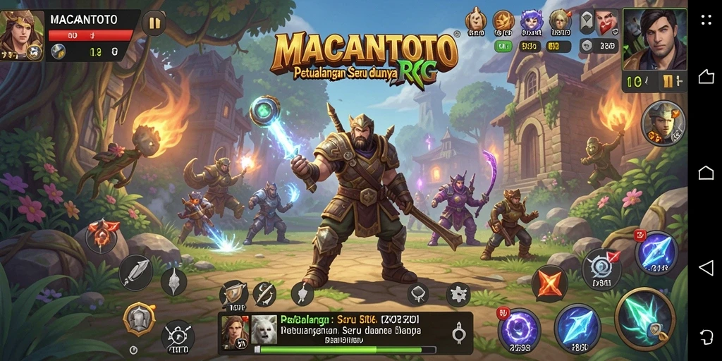 Screenshot gameplay MACANTOTO menampilkan pertarungan seru dan karakter yang beragam.