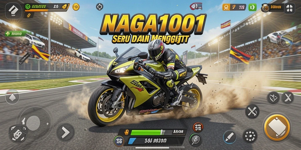 Screenshot utama NAGA1001 menampilkan aksi balap motor yang mendebarkan.