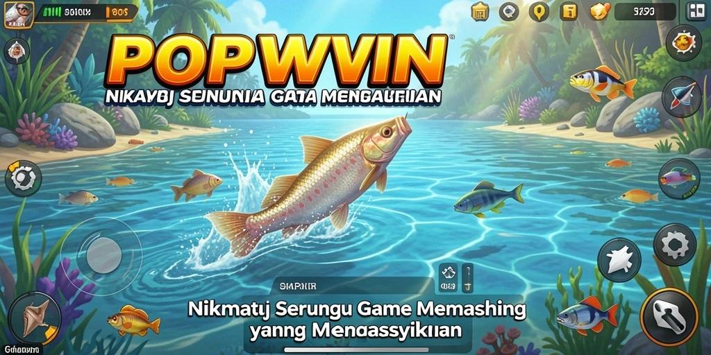 Screenshot utama POPWIN menampilkan gameplay seru memancing ikan.